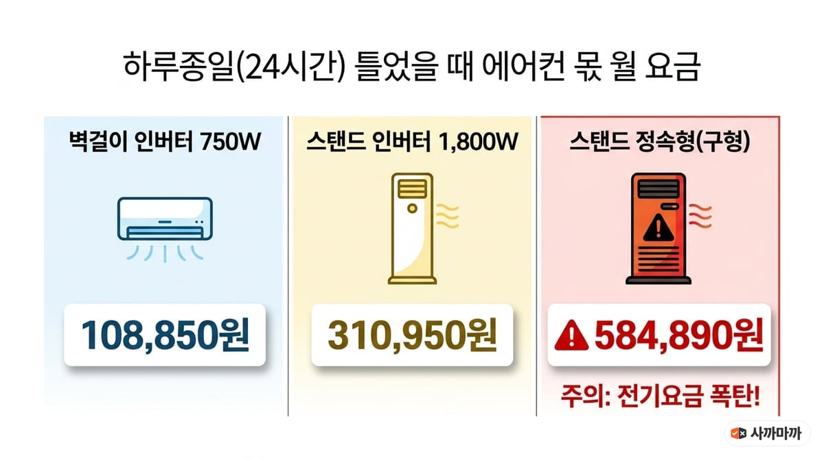 24시간 가동 시 에어컨 몫 월 요금 비교 — 벽걸이 인버터 750W 108,850원, 스탠드 인버터 1,800W 310,950원, 스탠드 정속형 584,890원