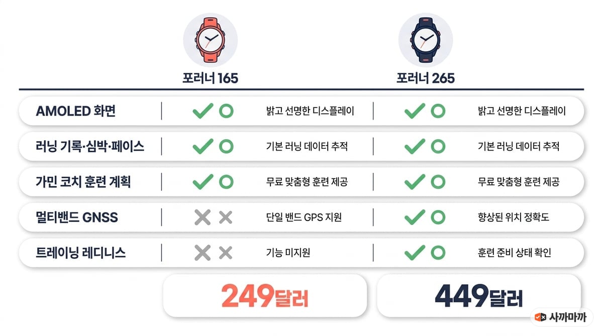 가민 포러너 165 vs 265 비교 인포그래픽 — AMOLED 화면·러닝 기록·가민 코치는 둘 다 지원, 멀티밴드 GNSS와 트레이닝 레디니스는 265만 지원, 가격은 249달러 대 449달러