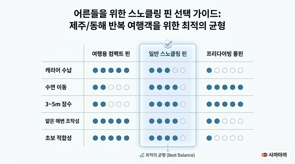 여행용 컴팩트 핀, 일반 스노클링 핀, 프리다이빙 롱핀을 캐리어 수납과 수면 이동, 3~5m 잠수, 조작성으로 비교한 표