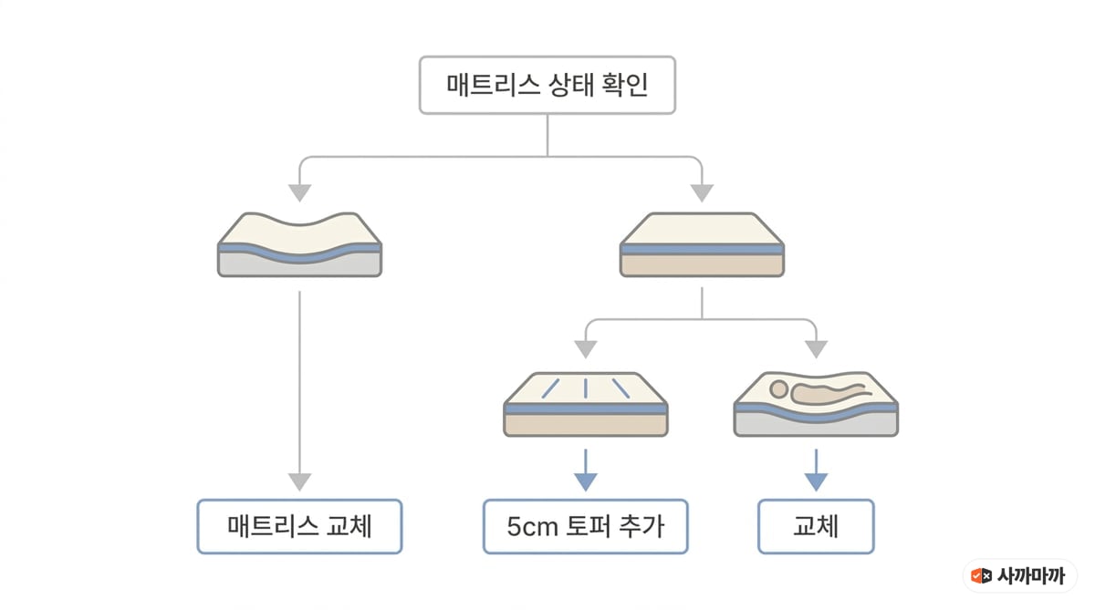 매트리스 상태에 따른 선택 흐름도 — 가운데가 꺼졌으면 매트리스 교체, 꺼짐 없이 딱딱하면 5cm 토퍼 추가, 너무 푹신하면 교체