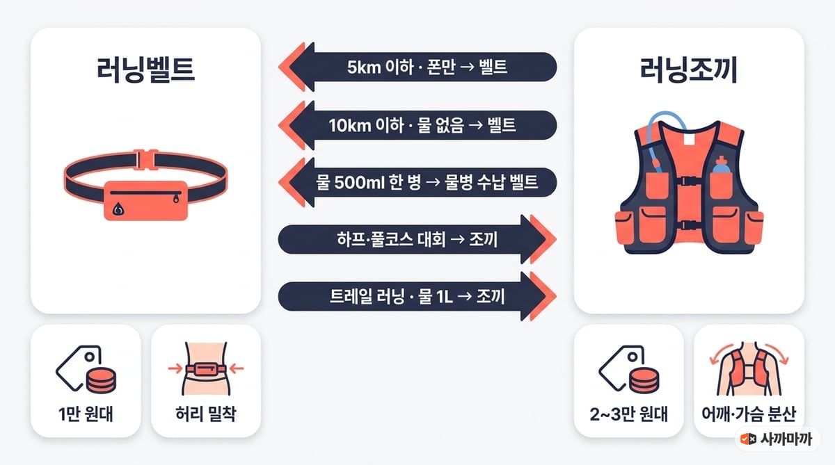 러닝벨트 vs 러닝조끼 선택 기준 인포그래픽 — 5km 이하 폰만·10km 이하 물 없음은 벨트, 물 500ml 한 병은 물병 수납 벨트, 하프·풀코스 대회와 트레일 러닝 물 1L는 조끼. 벨트는 1만 원대 허리 밀착, 조끼는 2~3만 원대 어깨·가슴 분산