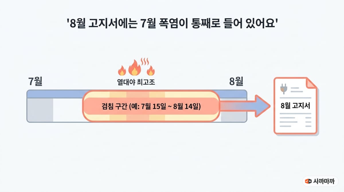 전기요금 검침 주기 다이어그램 — 7월 15일부터 8월 14일까지 검침 구간의 열대야 사용량이 8월 고지서에 반영되는 구조