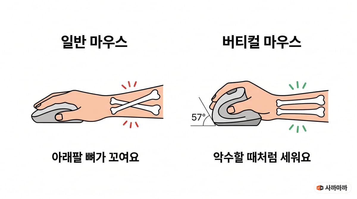 일반 마우스를 쥐면 손바닥이 엎어져 아래팔 뼈 두 개가 X자로 꼬이고, 버티컬 마우스는 57도로 손을 세워 아래팔 뼈가 나란해지는 모습을 비교한 그림