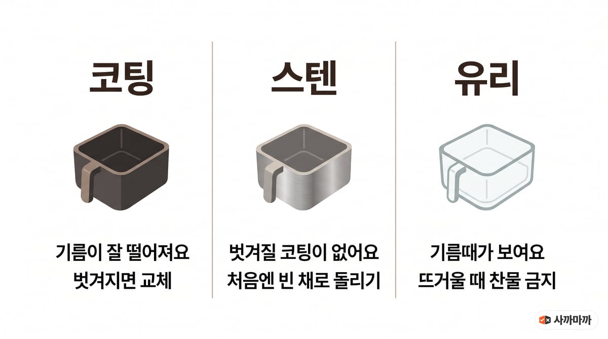 에어프라이어 바스켓 재질 비교: 코팅은 기름이 잘 떨어지고 벗겨지면 교체, 스텐은 벗겨질 코팅이 없고 처음엔 빈 채로 돌리기, 유리는 기름때가 보이고 뜨거울 때 찬물 금지