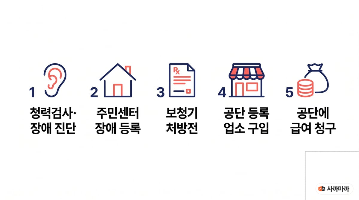 보청기 건강보험 지원 5단계 그림: 1 청력검사·장애 진단, 2 주민센터 장애 등록, 3 보청기 처방전, 4 공단 등록 업소 구입, 5 공단에 급여 청구
