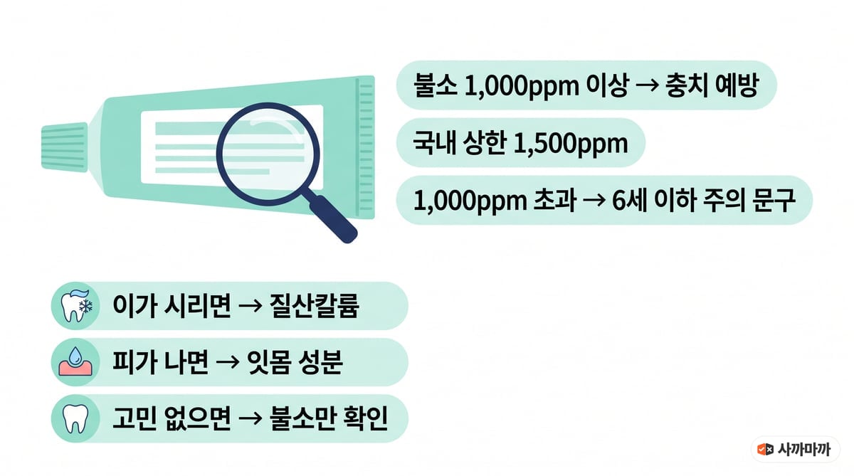 치약 뒷면을 돋보기로 보는 그림과 함께 불소 1,000ppm 이상이면 충치 예방, 국내 상한 1,500ppm, 1,000ppm 초과 제품은 6세 이하 주의 문구, 이가 시리면 질산칼륨, 피가 나면 잇몸 성분, 고민 없으면 불소만 확인을 정리한 인포그래픽