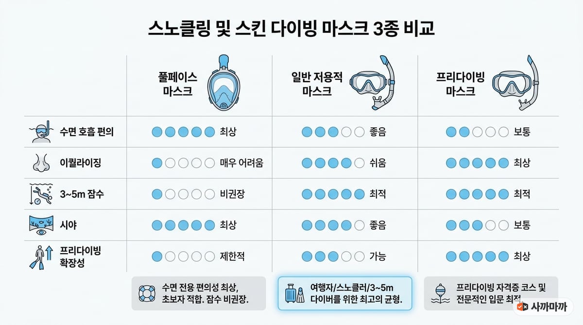 풀페이스 마스크, 일반 저용적 마스크, 프리다이빙 마스크의 차이를 비교한 인포그래픽
