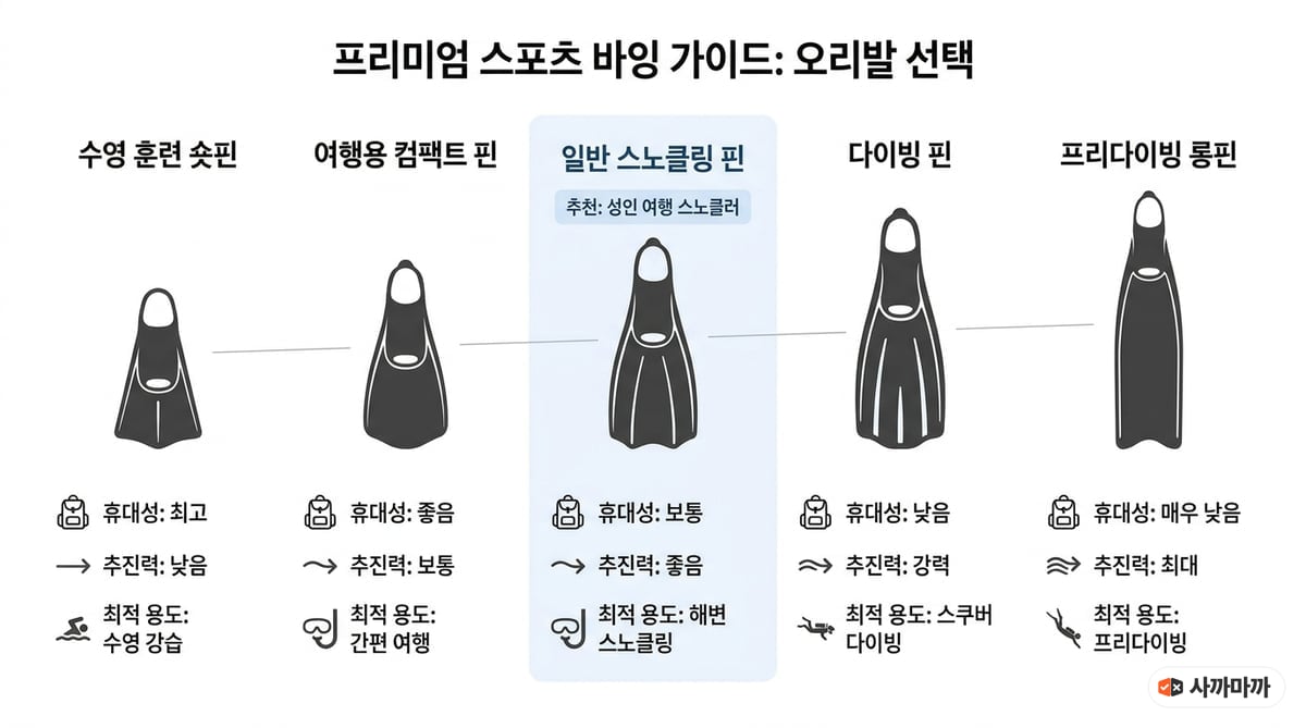 수영 훈련 숏핀부터 여행용 컴팩트 핀, 일반 스노클링 핀, 다이빙 핀, 프리다이빙 롱핀까지 길이와 용도를 비교한 인포그래픽