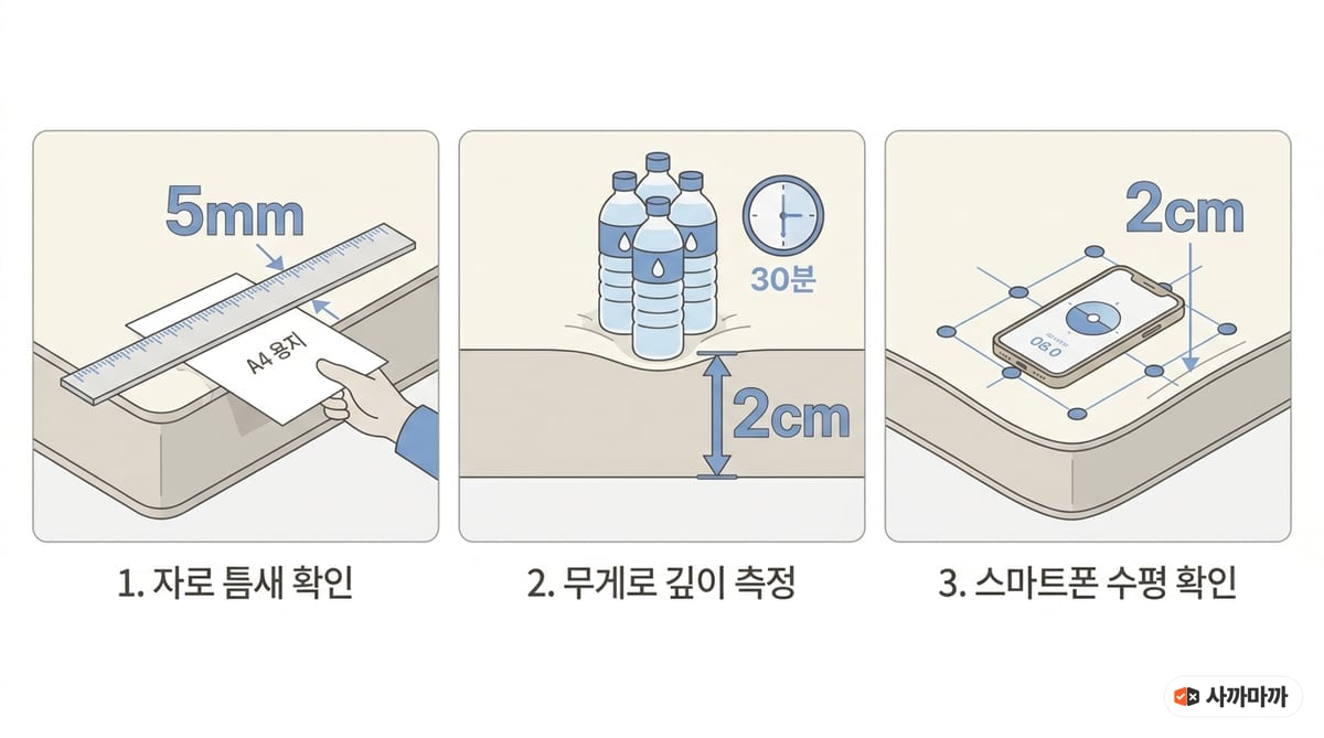 매트리스 꺼짐을 집에서 확인하는 세 가지 방법 인포그래픽 — 자와 A4 용지로 틈 5mm 확인, 물병 무게를 30분 올린 뒤 깊이 2cm 측정, 스마트폰 수평계로 9지점 높이 차 2cm 확인