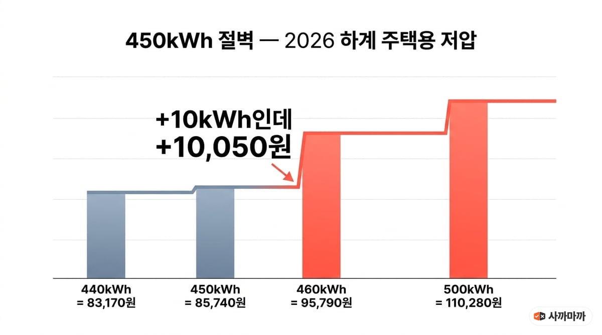 2026 하계 주택용 저압 450kWh 누진 절벽 차트 — 440kWh 83,170원, 450kWh 85,740원, 460kWh 95,790원, 500kWh 110,280원. 10kWh 차이에 10,050원 증가