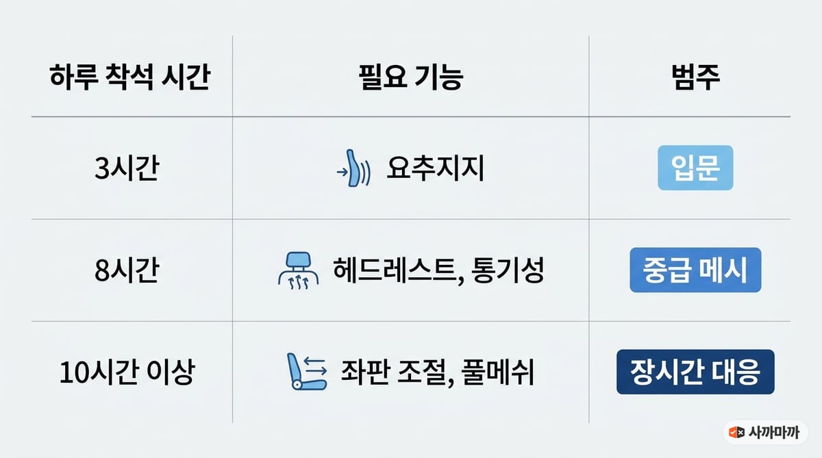 하루 착석 시간인 3시간, 8시간, 10시간 이상에 따라 요추지지, 헤드레스트, 좌판 조절 등 필요한 기능을 입문, 중급 메시, 장시간 대응 단계로 나눈 선택 기준표 인포그래픽입니다.