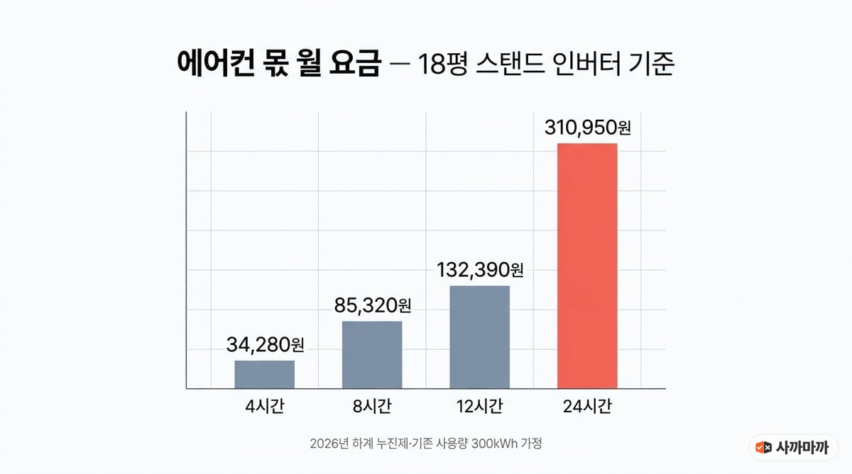에어컨 하루 가동 시간별 월 요금 비교 막대그래프 — 4시간 34,280원, 8시간 85,320원, 12시간 132,390원, 24시간 310,950원 (18평 스탠드 인버터, 2026년 하계 누진제 기준)