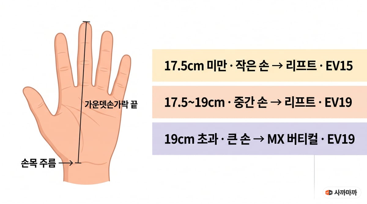 손목 주름에서 가운뎃손가락 끝까지 손 길이를 재는 법과 17.5cm 미만은 리프트·EV15, 17.5~19cm는 리프트·EV19, 19cm 초과는 MX 버티컬·EV19로 나눈 표