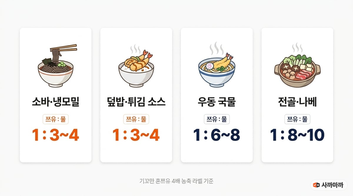 요리별 쯔유와 물의 희석 비율 인포그래픽. 소바와 냉모밀 1대 3에서 4, 덮밥과 튀김 소스 1대 3에서 4, 우동 국물 1대 6에서 8, 전골과 나베 1대 8에서 10