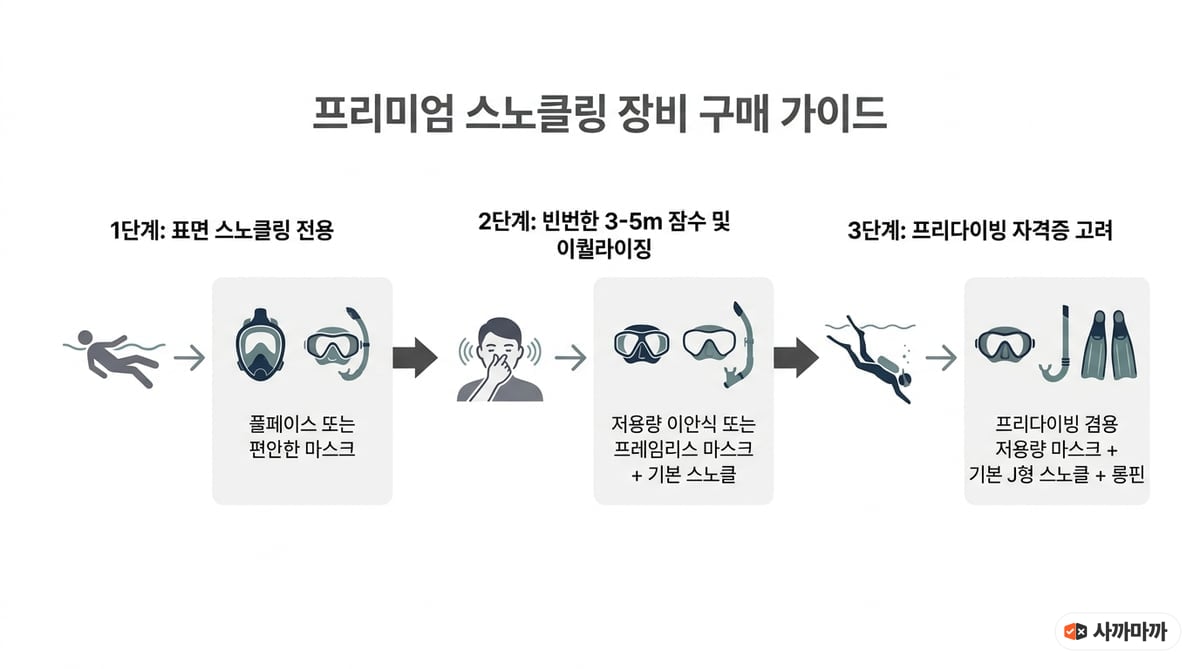 수면 스노클링부터 3~5m 스킨다이빙, 프리다이빙 입문까지 장비 선택 흐름을 보여주는 인포그래픽