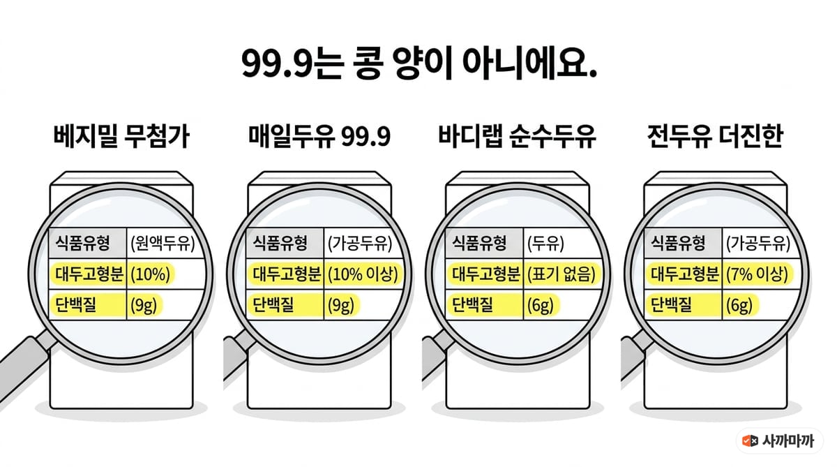 두유 4종 라벨을 돋보기로 비춘 인포그래픽. 베지밀 무첨가 원액두유·고형분 10%·단백질 9g, 매일두유 99.9 가공두유·10% 이상·9g, 바디랩 순수두유 두유·7% 이상·6g, 전두유 더진한 가공두유·7% 이상·6g