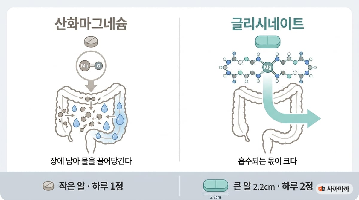산화마그네슘과 글리시네이트가 장에서 어떻게 다르게 작용하는지 비교한 인포그래픽