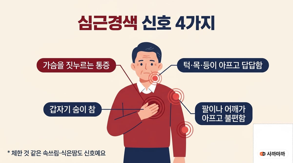 심근경색 신호 4가지 인포그래픽. 가슴을 짓누르는 통증, 턱·목·등이 아프고 답답함, 갑자기 숨이 참, 팔이나 어깨가 아프고 불편함. 체한 것 같은 속쓰림과 식은땀도 신호