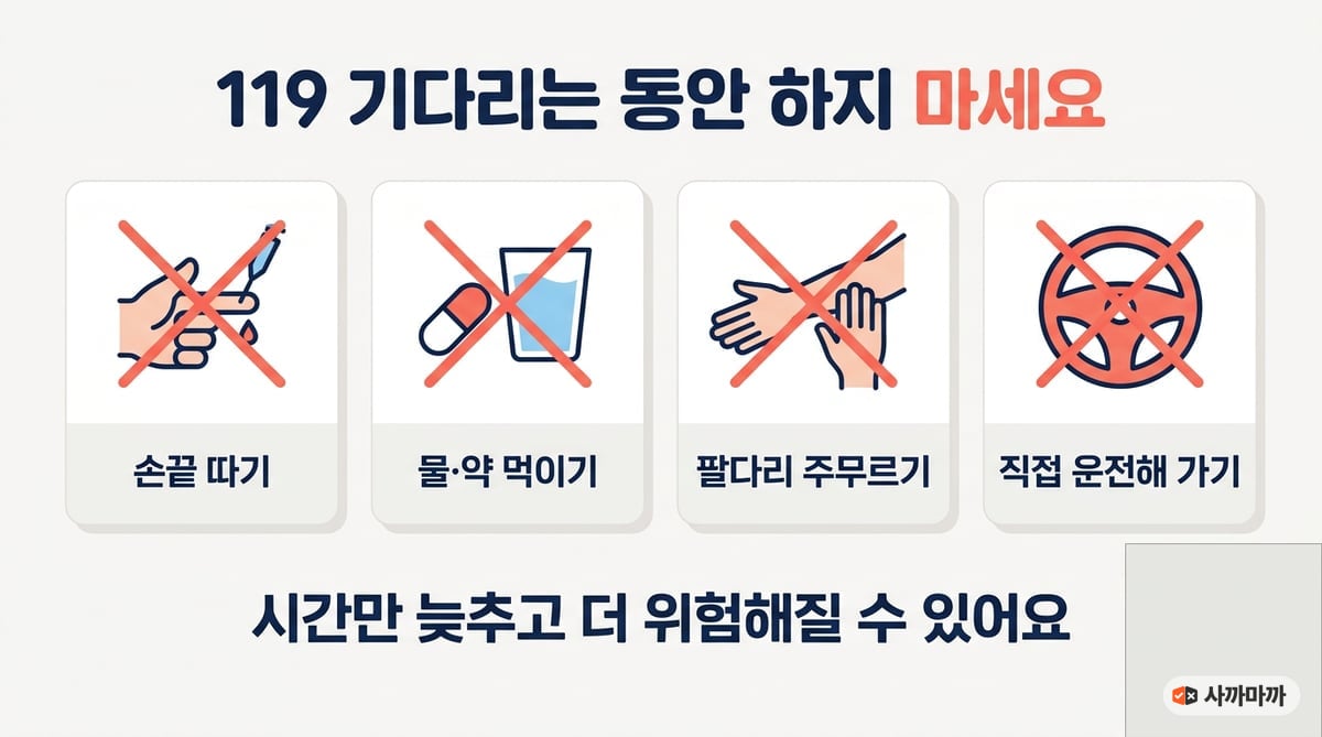 119 기다리는 동안 하지 마세요 인포그래픽. 손끝 따기, 물·약 먹이기, 팔다리 주무르기, 직접 운전해 가기. 시간만 늦추고 더 위험해질 수 있어요