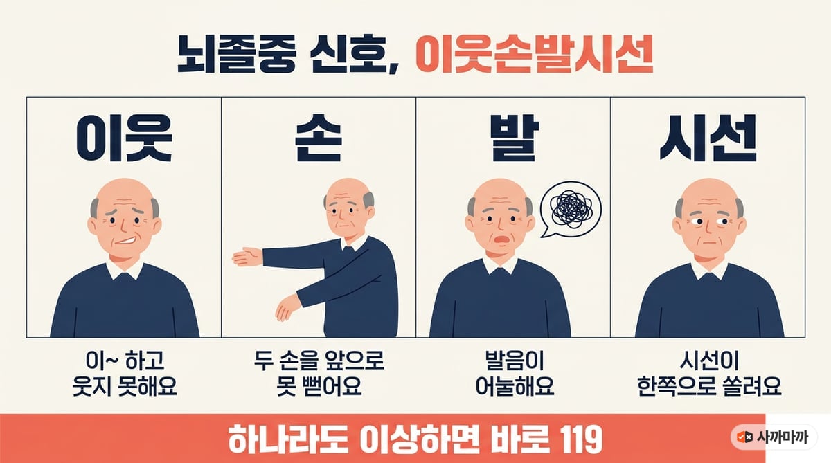 뇌졸중 신호 이웃손발시선 인포그래픽. 이웃: 이~ 하고 웃지 못해요, 손: 두 손을 앞으로 못 뻗어요, 발: 발음이 어눌해요, 시선: 시선이 한쪽으로 쏠려요. 하나라도 이상하면 바로 119