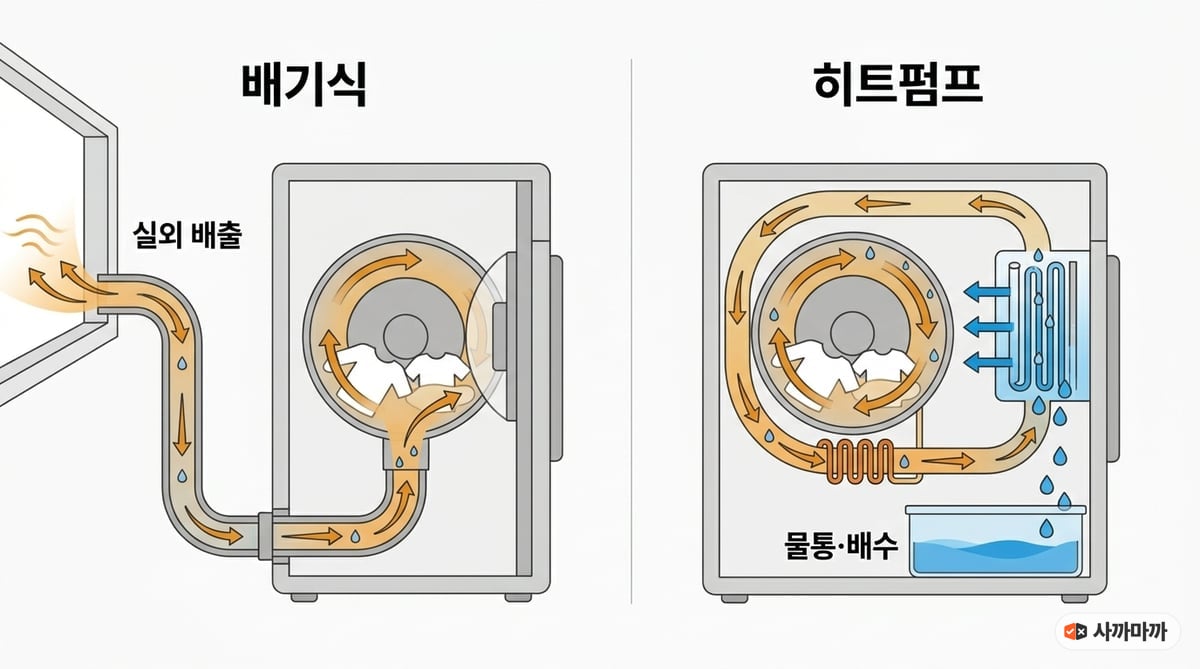 배기식은 습한 공기를 실외로 보내고 히트펌프식은 수분을 물통이나 배수로 모으는 구조 비교