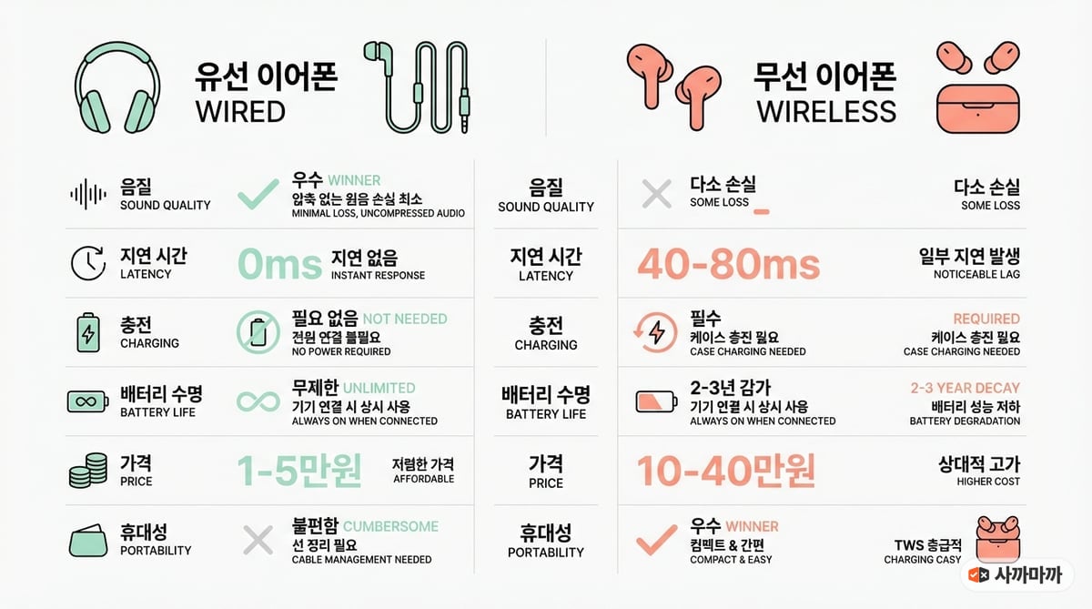 Clean modern minimal infographic comparing WIRED vs WIRELESS earphones. Split layout: left side labe