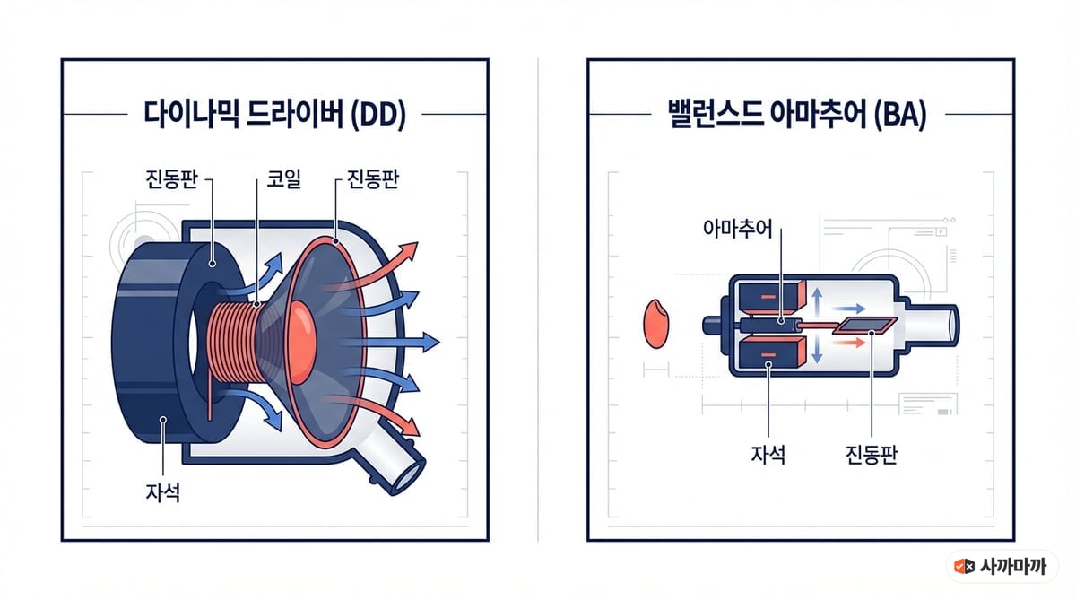다이나믹 드라이버(DD)와 밸런스드 아마추어(BA) 드라이버의 구조 비교 인포그래픽