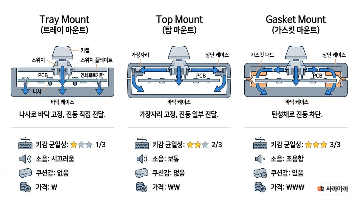 트레이 마운트 vs 탑 마운트 vs 가스킷 마운트 단면 비교 인포그래픽