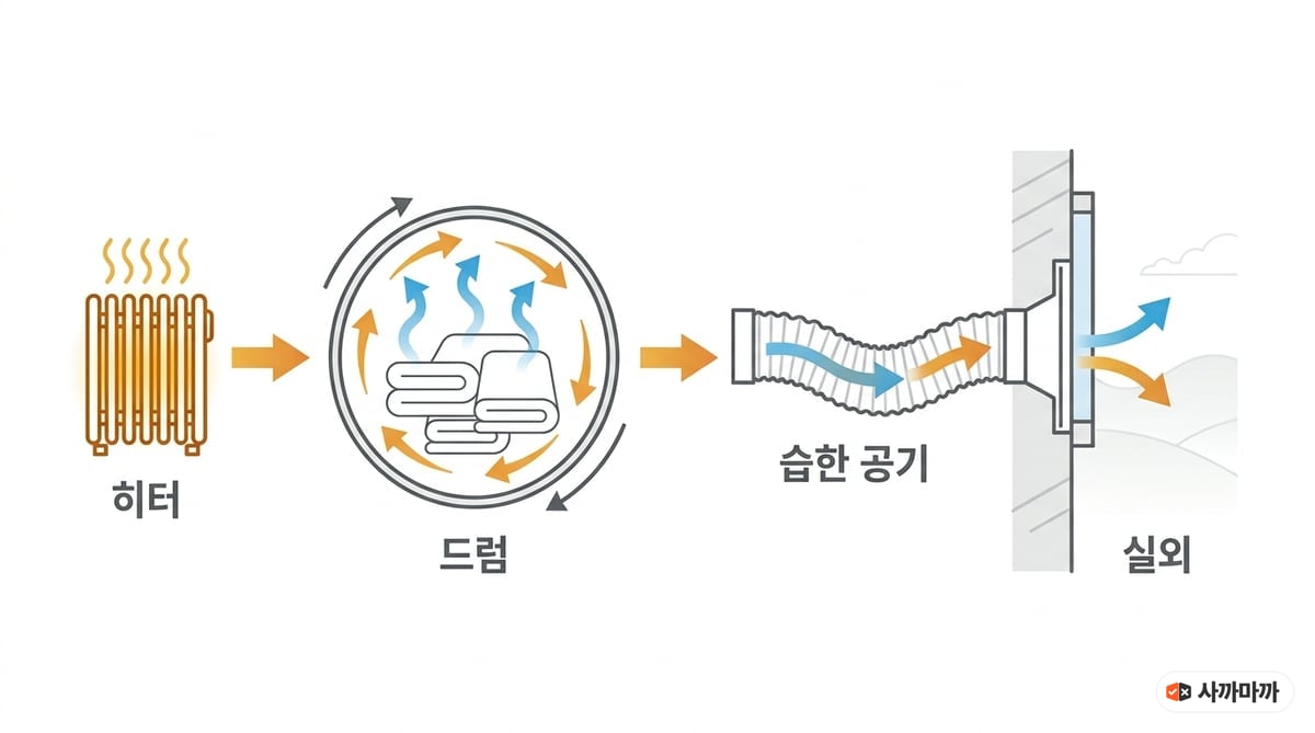 히터가 공기를 데우고 드럼에서 수분을 흡수한 뒤 배기 호스로 실외에 내보내는 미니 건조기 원리