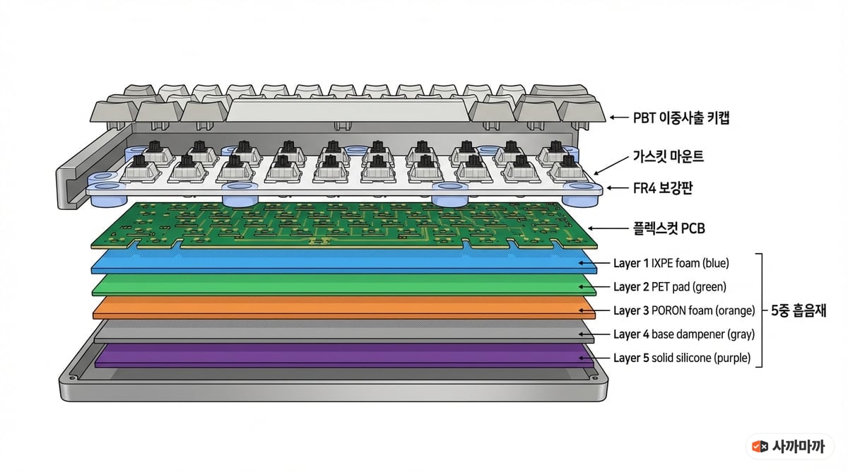 독거미 F108 Pro 내부 구조 인포그래픽 — 가스킷 마운트, 5중 흡음재, 플렉스컷 PCB