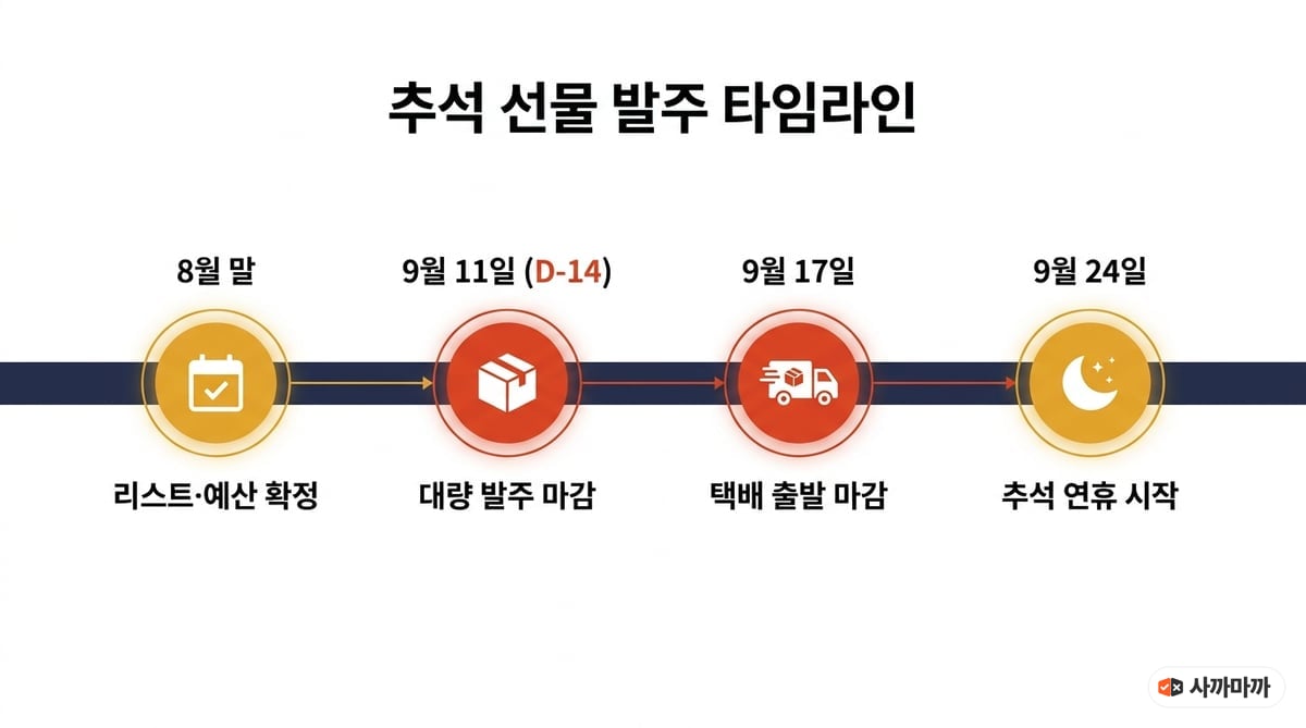 추석 선물 발주 타임라인 인포그래픽 — 8월 말 리스트·예산 확정, 9월 11일 대량 발주 마감, 9월 17일 택배 출발 마감, 9월 24일 추석 연휴 시작