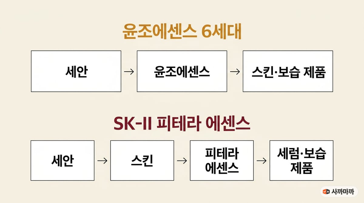 윤조는 세안 직후 스킨 전, SK-II 피테라는 세안과 스킨 다음에 사용하는 순서 비교
