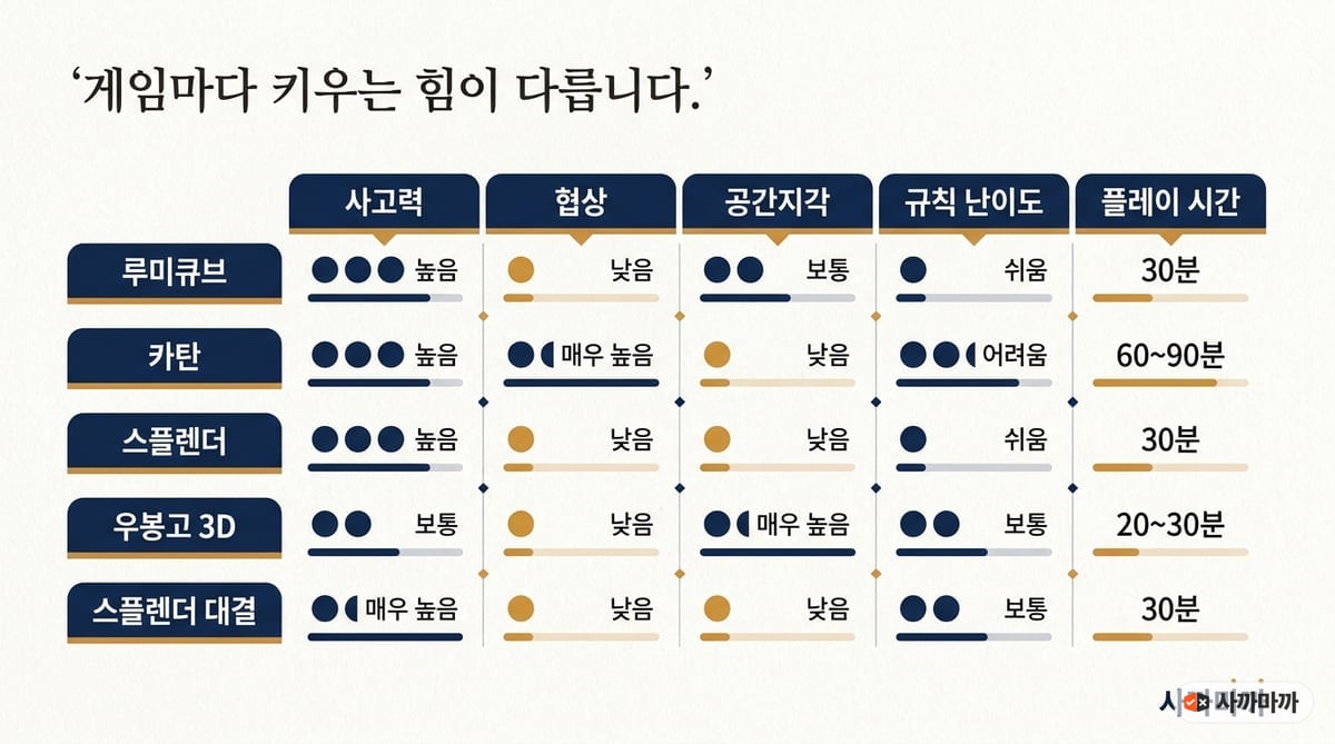 루미큐브 카탄 스플렌더 우봉고 3D 스플렌더 대결의 사고력 협상 공간지각 난이도 플레이 시간 비교표