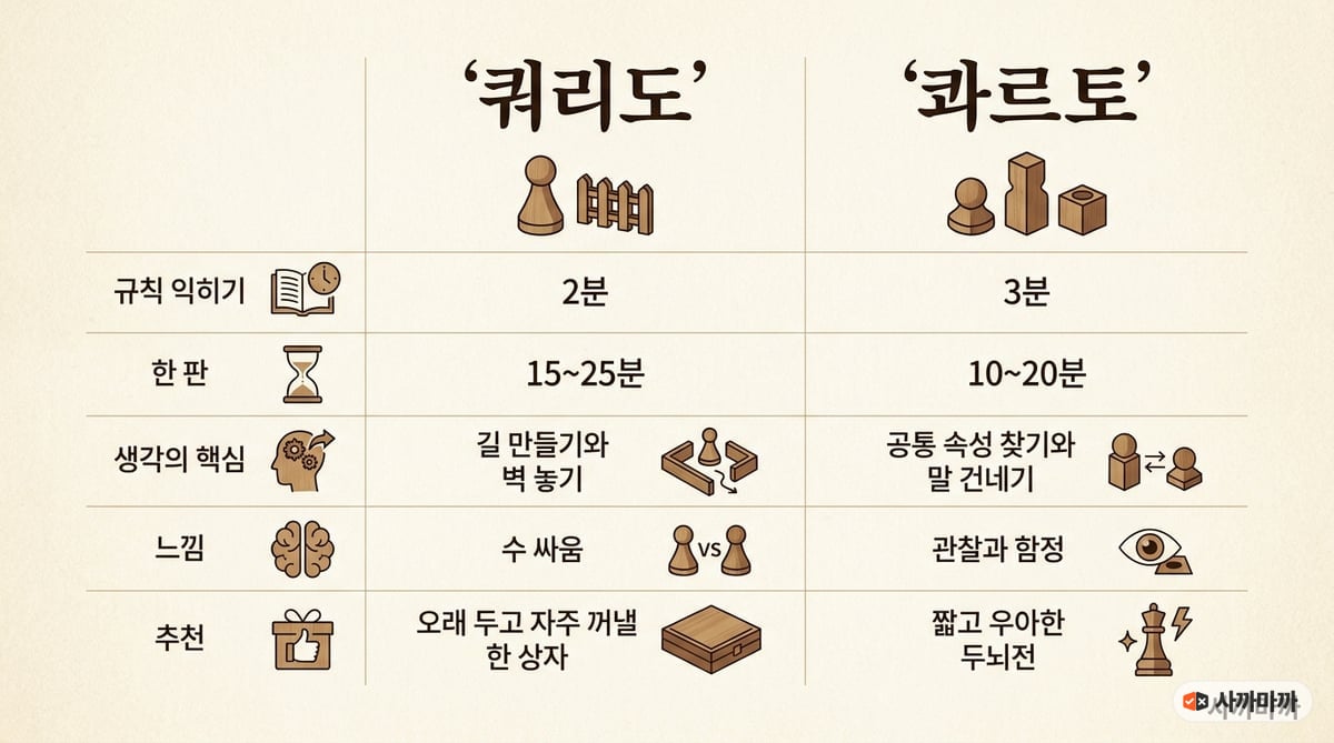 쿼리도와 콰르토의 규칙 시간 플레이 시간 사고 방식 비교 인포그래픽