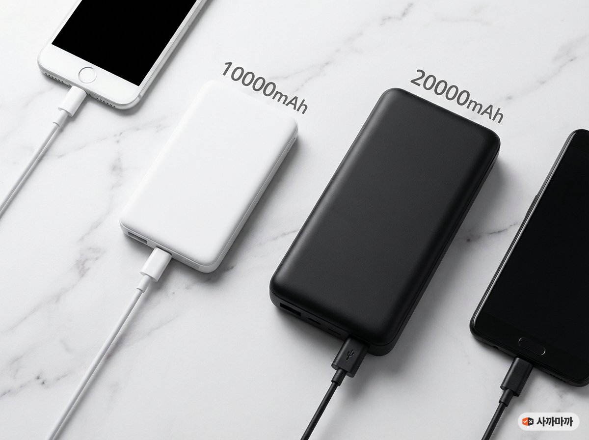 흰색 10000mAh와 검은색 20000mAh 보조배터리를 나란히 놓고 크기를 비교한 사진