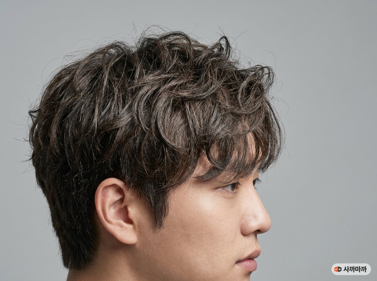 왁스를 바른 남자 파마머리 클로즈업. 가닥이 분리되고 볼륨과 형태가 잡힌 강한 홀드