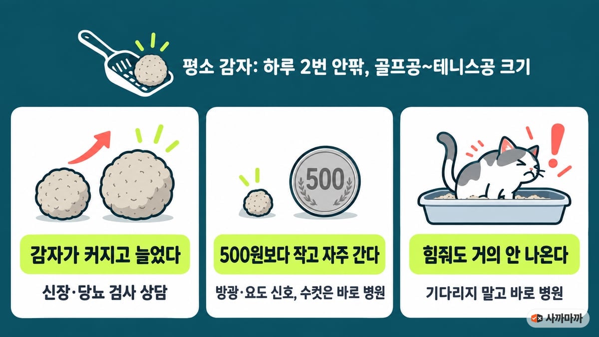 고양이 감자(소변 덩어리)로 보는 신호: 평소 하루 2번 안팎 골프공~테니스공 크기, 감자가 커지고 늘었다면 신장·당뇨 검사 상담, 500원보다 작고 자주 가면 방광·요도 신호이고 수컷은 바로 병원, 힘줘도 거의 안 나오면 기다리지 말고 바로 병원
