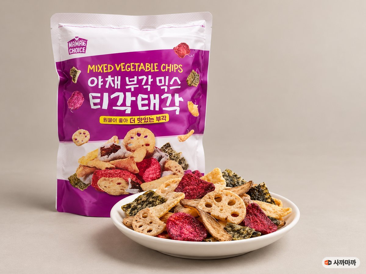 티각태각 야채부각 봉지와 접시에 담은 연근·우엉·김 부각