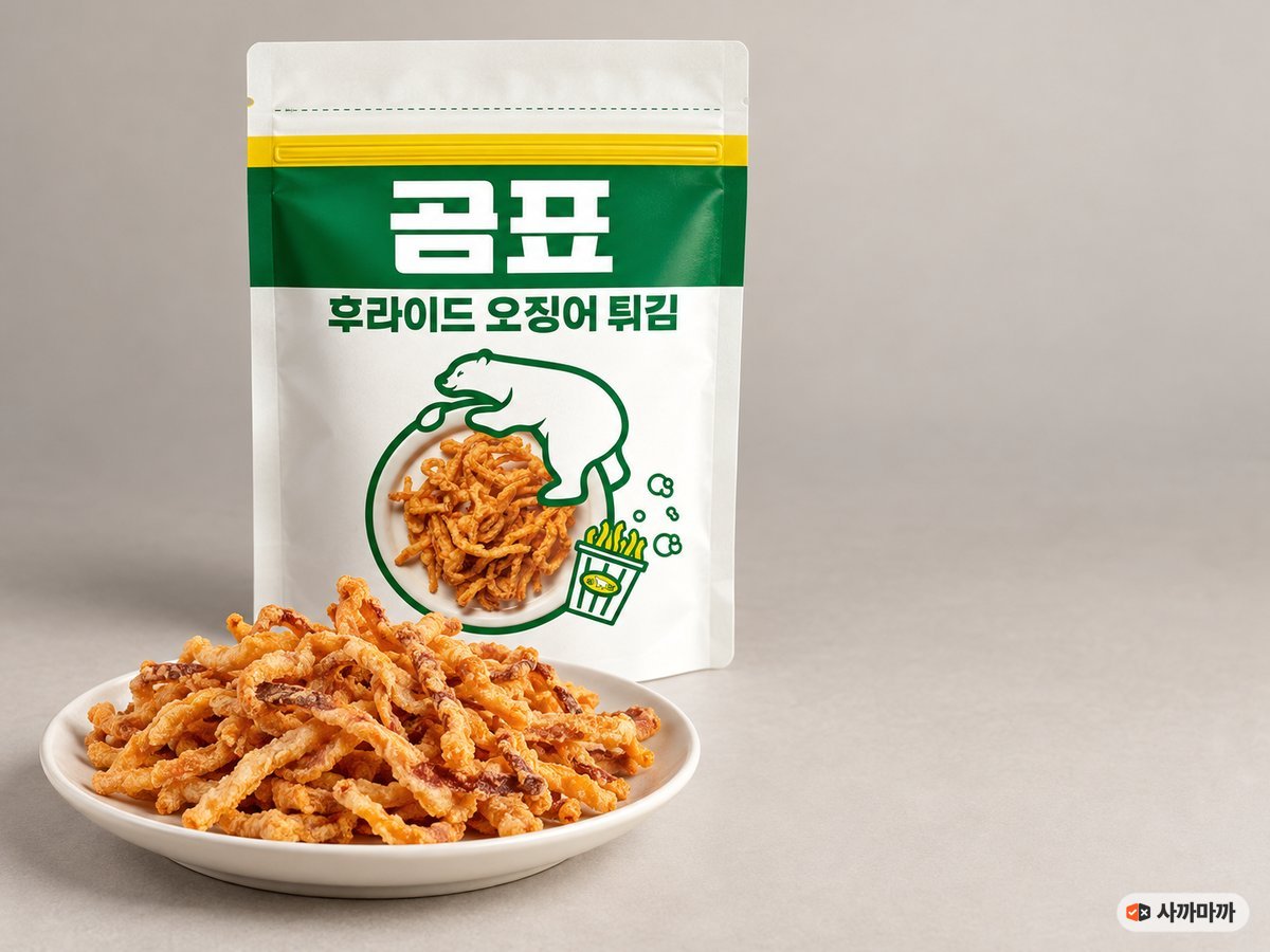 곰표 후라이드 오징어 봉지와 접시에 담은 오징어 튀김