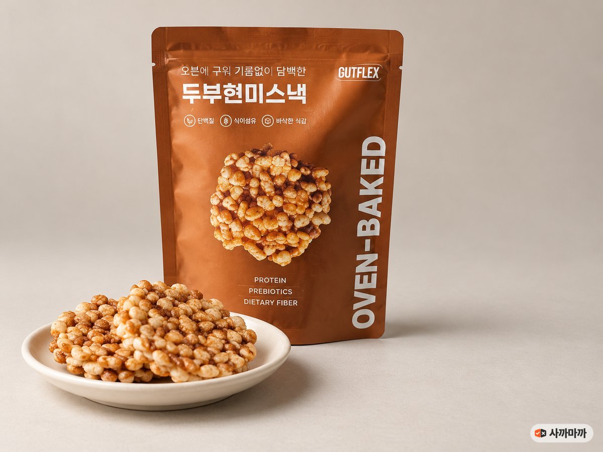 것플렉스 두부 현미 스낵 봉지와 접시에 담은 두부 현미 과자