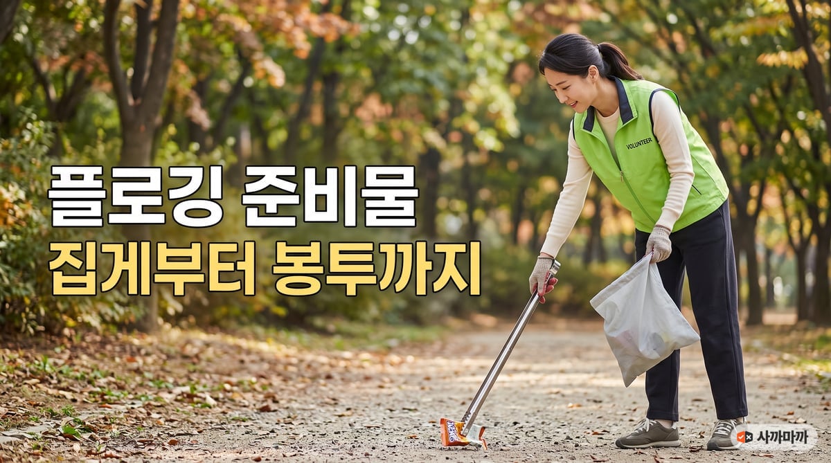 봉사활동 조끼와 장갑을 착용한 성인 여성이 공원에서 긴 집게로 쓰레기를 줍는 장면