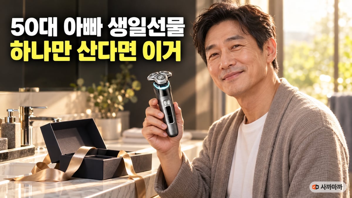 아침 욕실에서 선물 상자에서 꺼낸 필립스 전기면도기를 들고 웃는 50대 한국인 아버지