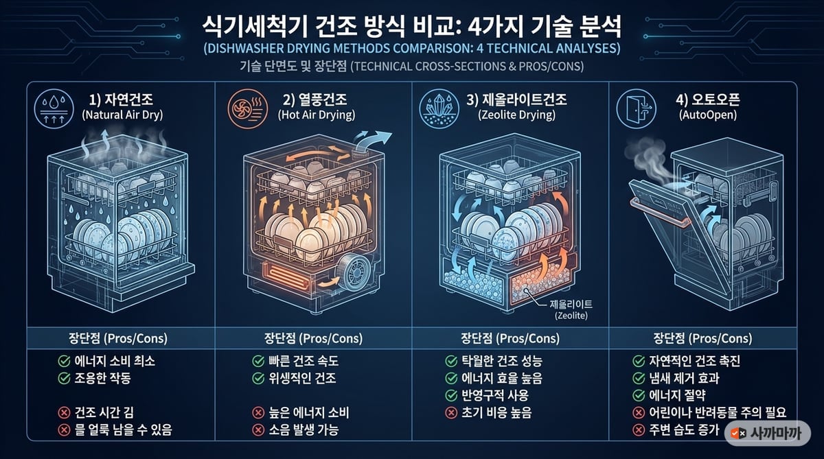 식기세척기 4가지 건조 방식(열풍, 자연건조, 응축, 제올라이트)의 작동 원리와 성능을 비교 분석한 기술 인포그래픽