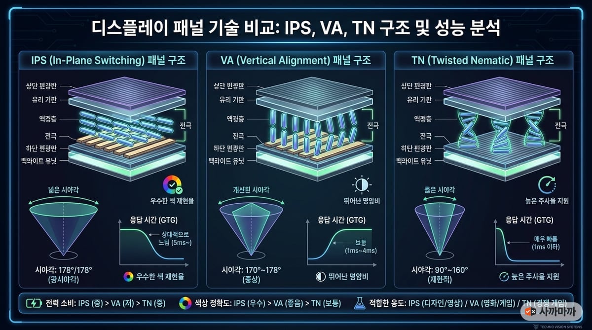 IPS, VA, TN 세 가지 LCD 패널의 액정 배열 구조와 빛의 투과 방식을 비교하는 인포그래픽