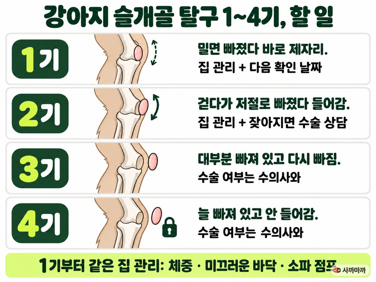 강아지 슬개골 탈구 1~4기와 할 일: 1기 밀면 빠졌다 바로 제자리·집 관리와 다음 확인 날짜, 2기 걷다가 저절로 빠졌다 들어감·집 관리와 잦아지면 수술 상담, 3기 대부분 빠져 있고 다시 빠짐·수술 여부는 수의사와, 4기 늘 빠져 있고 안 들어감·수술 여부는 수의사와. 1기부터 같은 집 관리는 체중·미끄러운 바닥·소파 점프