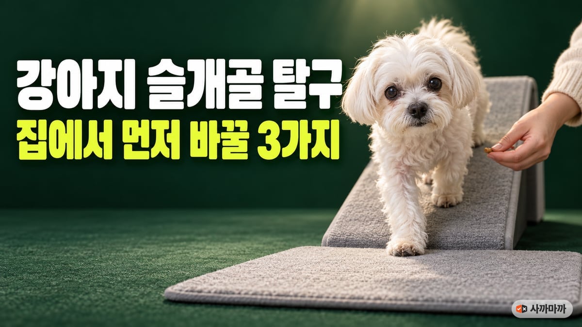 흰 말티즈 노견이 회색 경사로를 조심스럽게 내려오는 모습, 강아지 슬개골 탈구 집에서 먼저 바꿀 3가지