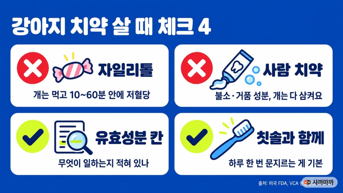 강아지 치약 살 때 체크 4: 자일리톨 안 됨(개는 먹고 10~60분 안에 저혈당), 사람 치약 안 됨(불소·거품 성분), 유효성분 칸 확인, 칫솔과 함께 하루 한 번
