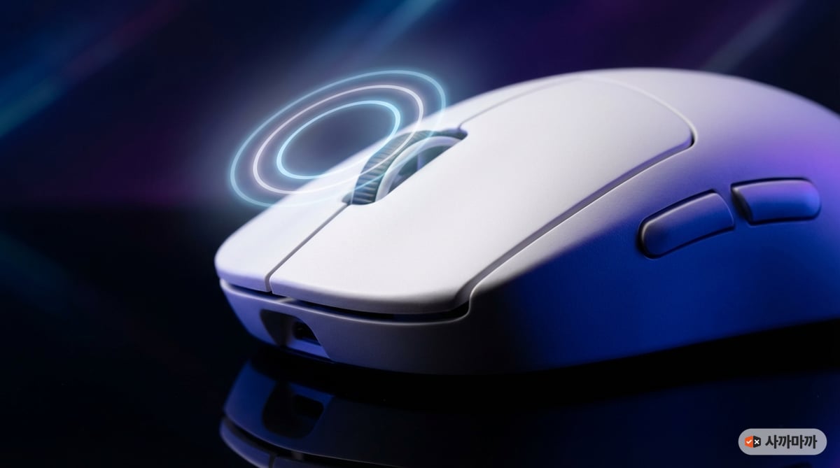 로지텍 G PRO X2 SUPERSTRIKE 무선 게이밍 마우스가 어두운 반사면 위에 놓인 제품 사진, 드라마틱한 조명이 슬릭한 실루엣을 강조