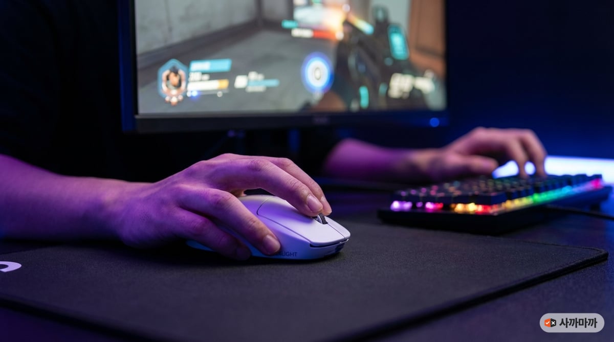 e스포츠 환경에서 게이밍 마우스를 잡고 FPS 게임에 집중하는 한국인 게이머의 클로즈업