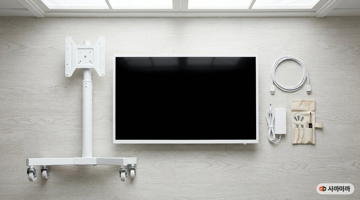 스마트 모니터와 이동식 스탠드, HDMI 케이블, VESA 브라켓이 바닥에 펼쳐진 조립 구성품